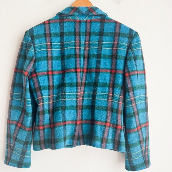 Vintage 90s Sisley Blue Plaid Cropped Leather Button Wool Blend Blazer S - Picture 5 of 8